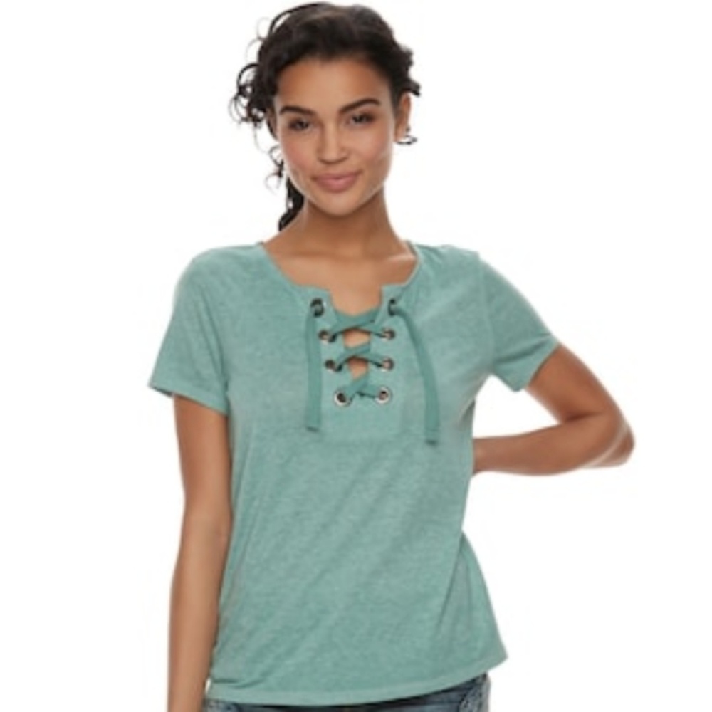 Juniors' Cloud Chaser Lace-Up Short Sleeve Tee.